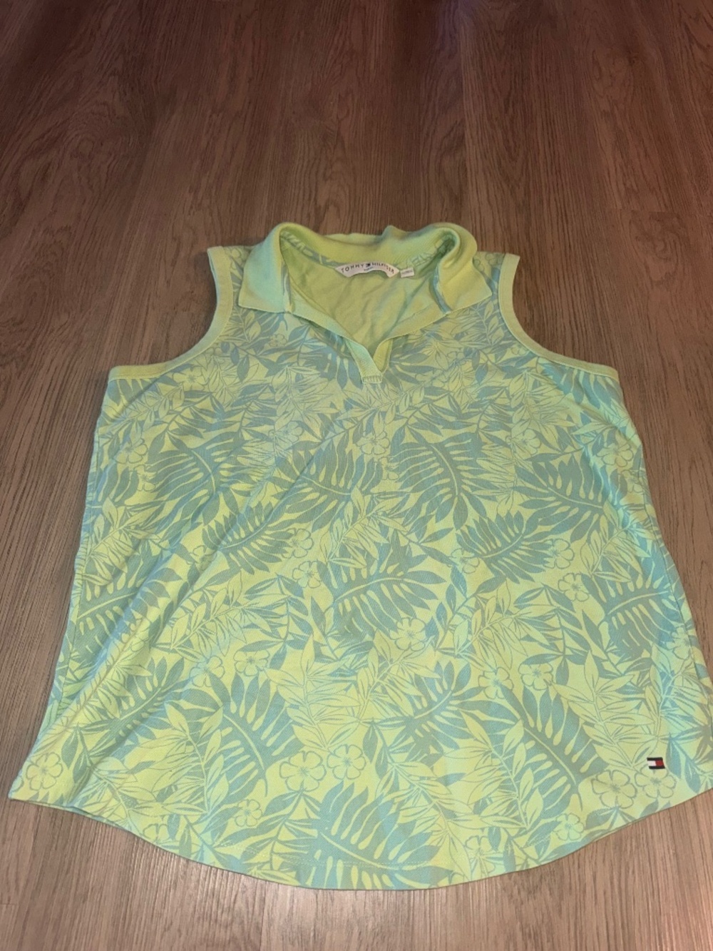 Tropical‎ Palm Print Sleeveless Golf Polo Shirt Lime Green Floral Summer Resort